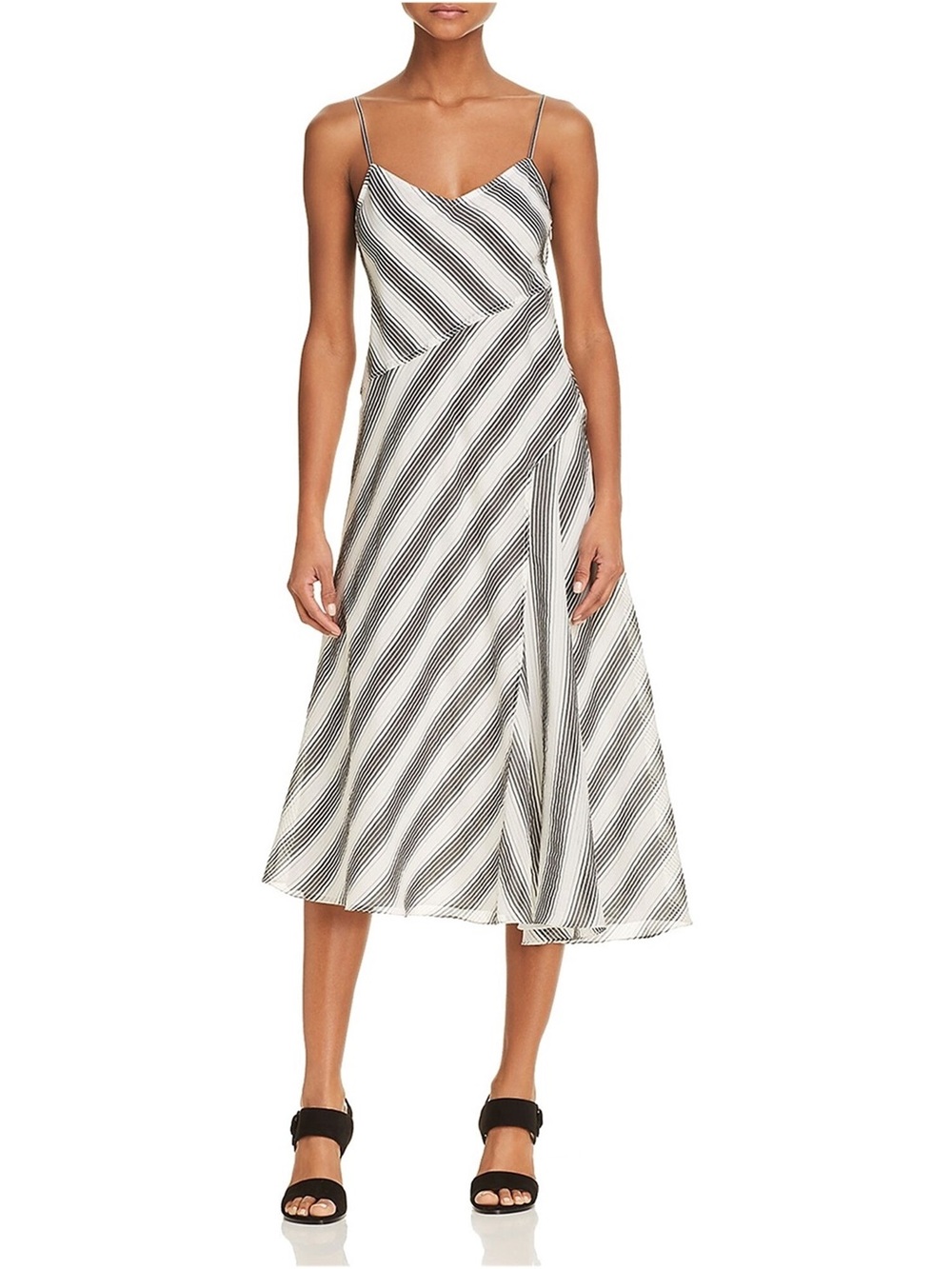 Theory Black & White Diagonal-Stripe Slip Athens Midi Dress